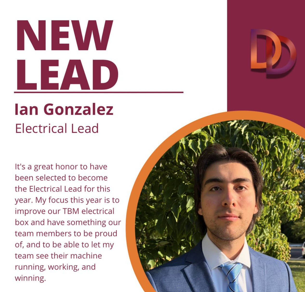 🚨 New Lead Alert! ⚡️ Introducing Ian Gonzalez, our new Electrical Lead! Ready to upgrade our electrical systems and keep our machine running, working, and winning. 🔌🏆 Dig or Die! ⚡️💥 #Diggeridoos #ComputerEngineering #NewLead #StudentEngineers #DigOrDie
