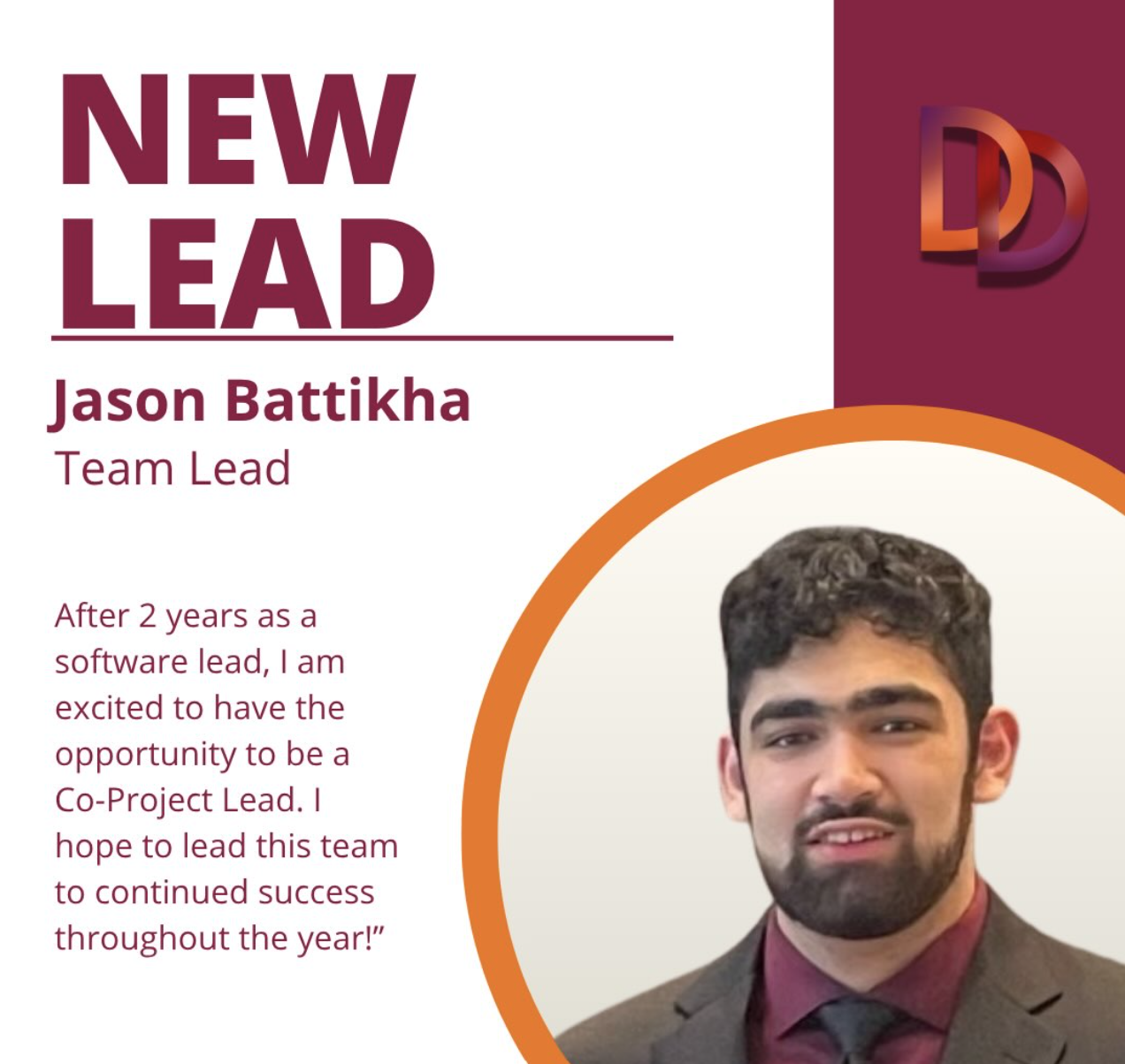 🚨 New Lead Alert! 👑⚙️ Meet Jason Battikha! After 2 years of serving as Software Lead, Jason is stepping up into his new role as Co-Project Lead to guide the team to continued success this season! 🏆✨ Dig or Die! ⛏️🔥  #Diggeridoos #ProjectLead #ComputerEngineering #StudentEngineers #DigOrDie