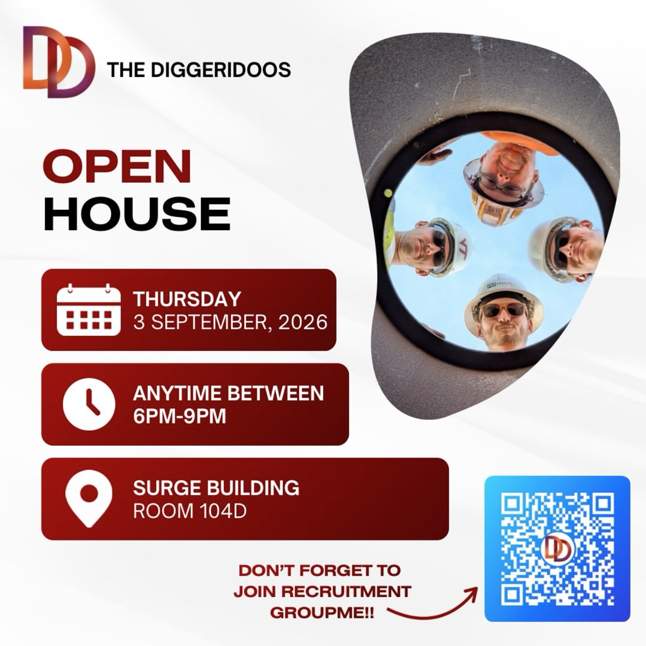 🚨THE DIGGERIDOOS OPEN HOUSE🚨 Stop by tomorrow anytime between 6-9pm to chat with any current members of the Diggeridoos on what each subteam does and learn more technical details! 🗓️ Thursday, Sept. 3rd | Drop in anytime from 6PM-9PM 📍Surge 104D