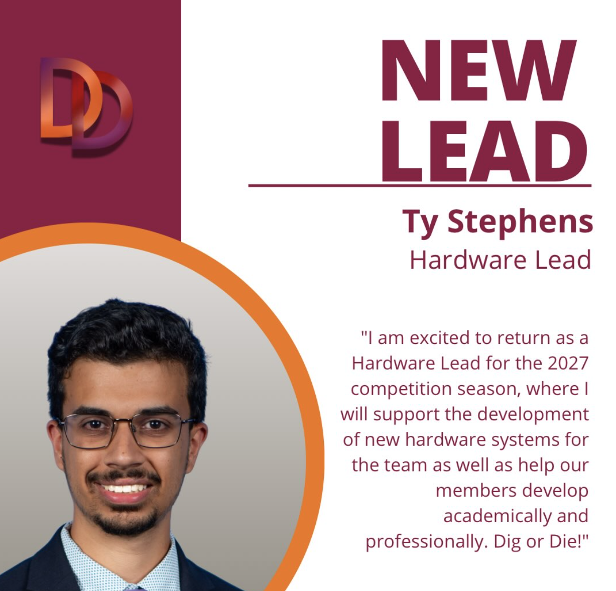 🚨New Lead Alert!🛠️⚡️ Welcome back Ty Stephens as one of our Hardware Lead for this year! He is ready to build our new hardware systems and guide the team through another season of success! ⚙️🔥🏆 #Diggeridoos #MechanicalEngineering #NewLead #StudentEngineers #DigOrDie
