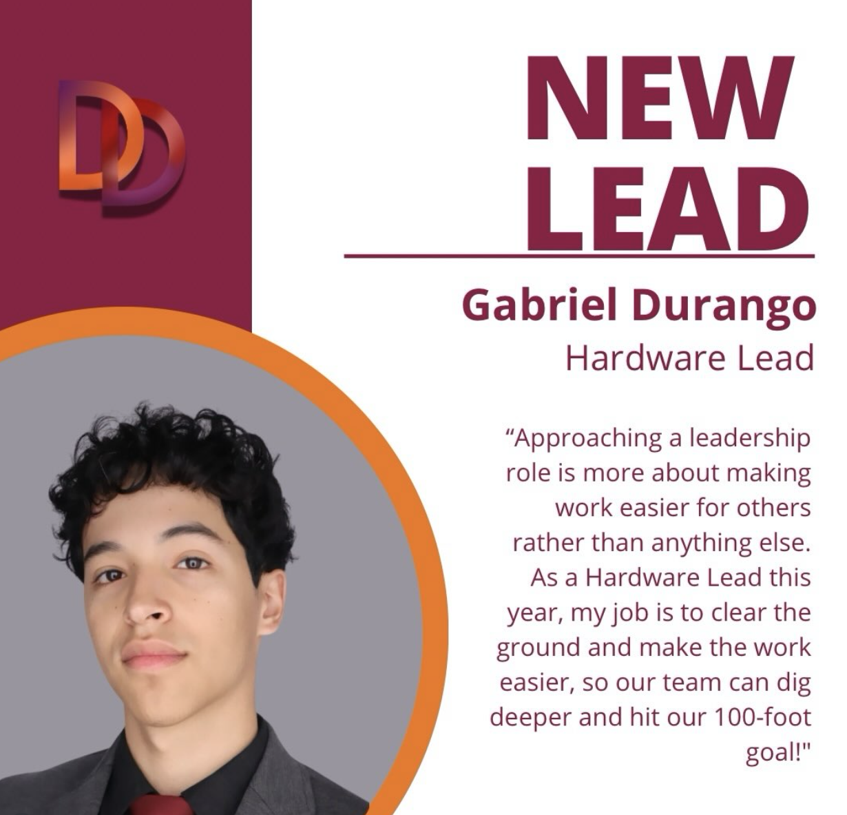 🚨New Lead Alert!🛠️⚡️ Meet Gabriel Durango, one of our new Hardware Leads! He’s ready to clear the path, reach new depths, and hit our 100-foot goal this year!⛏️🏆 #Diggeridoos #MechanicalEngineering #NewLead #StudentEngineers #DigOrDie