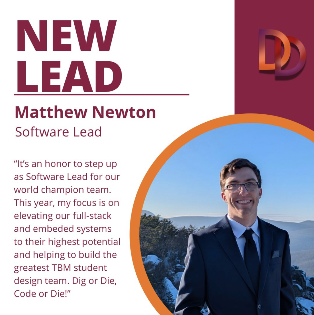 🚨New Lead Alert! 💻 Say hello to Matthew Newton, our new Software Lead. He’s ready to take our full-stack and embedded systems to the next level to lead! 🏆 ⚡️ #Diggeridoos #DigOrDie #CodeOrDie⛏️💻 #NewLead #StudentEngineers